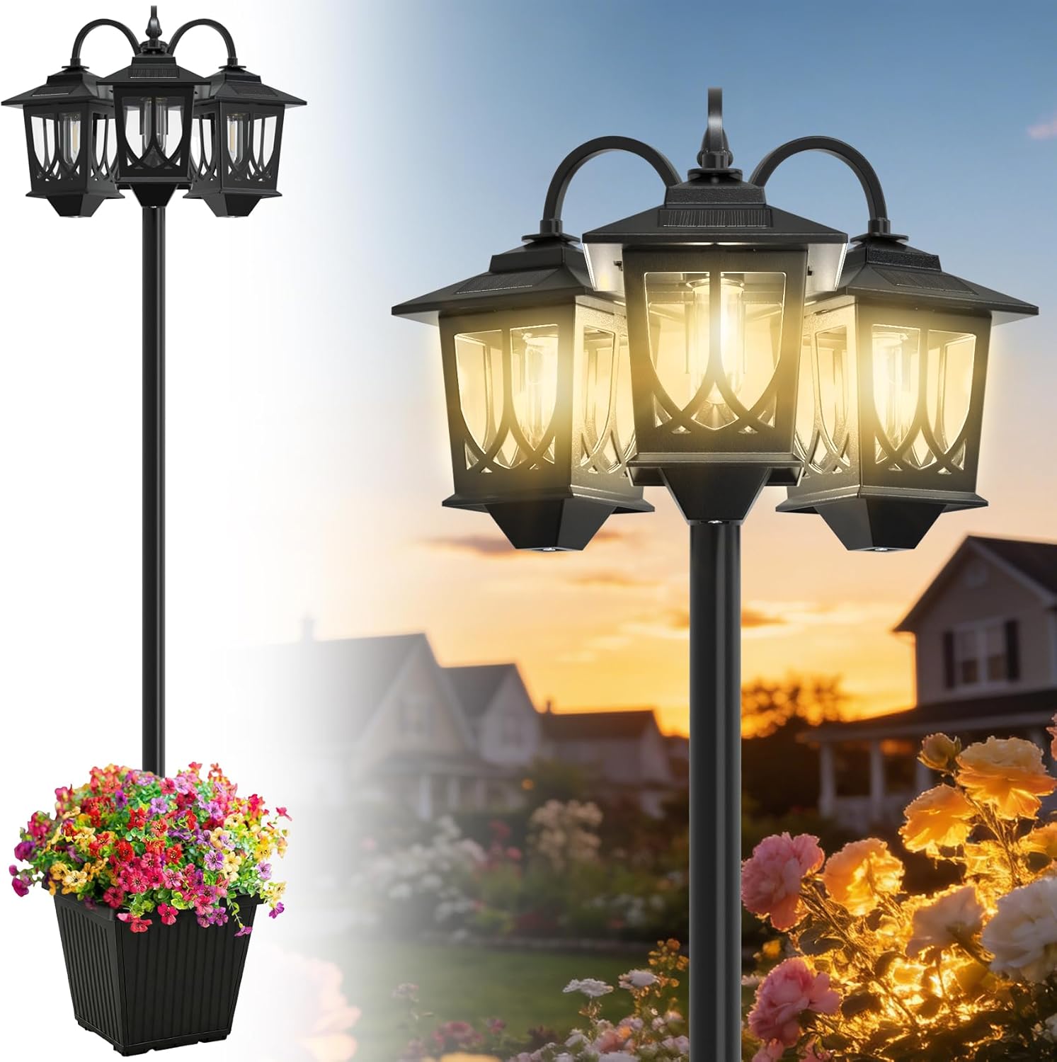 Detalle de Joyoowild 18K Solar Lamp Post with Planter, 3 Heads, 3000K Warm Light