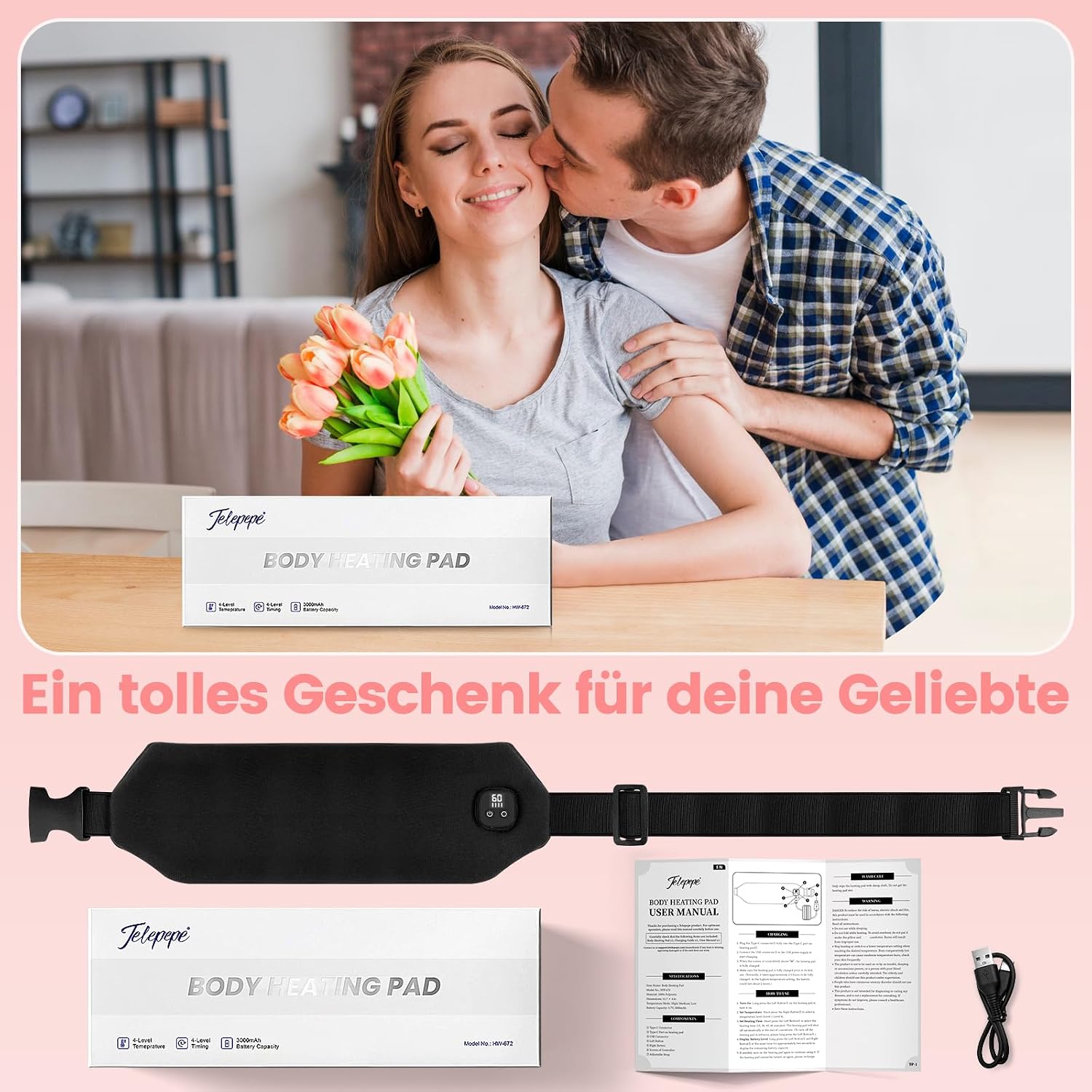 Detalle 2 de Telepepe Perioden Wärmegürtel mit 3000 mAh Akku, Heizgürtel fürs Rücken- und Bauchgefühl, 4 Wärmelevel (45–60 °C)