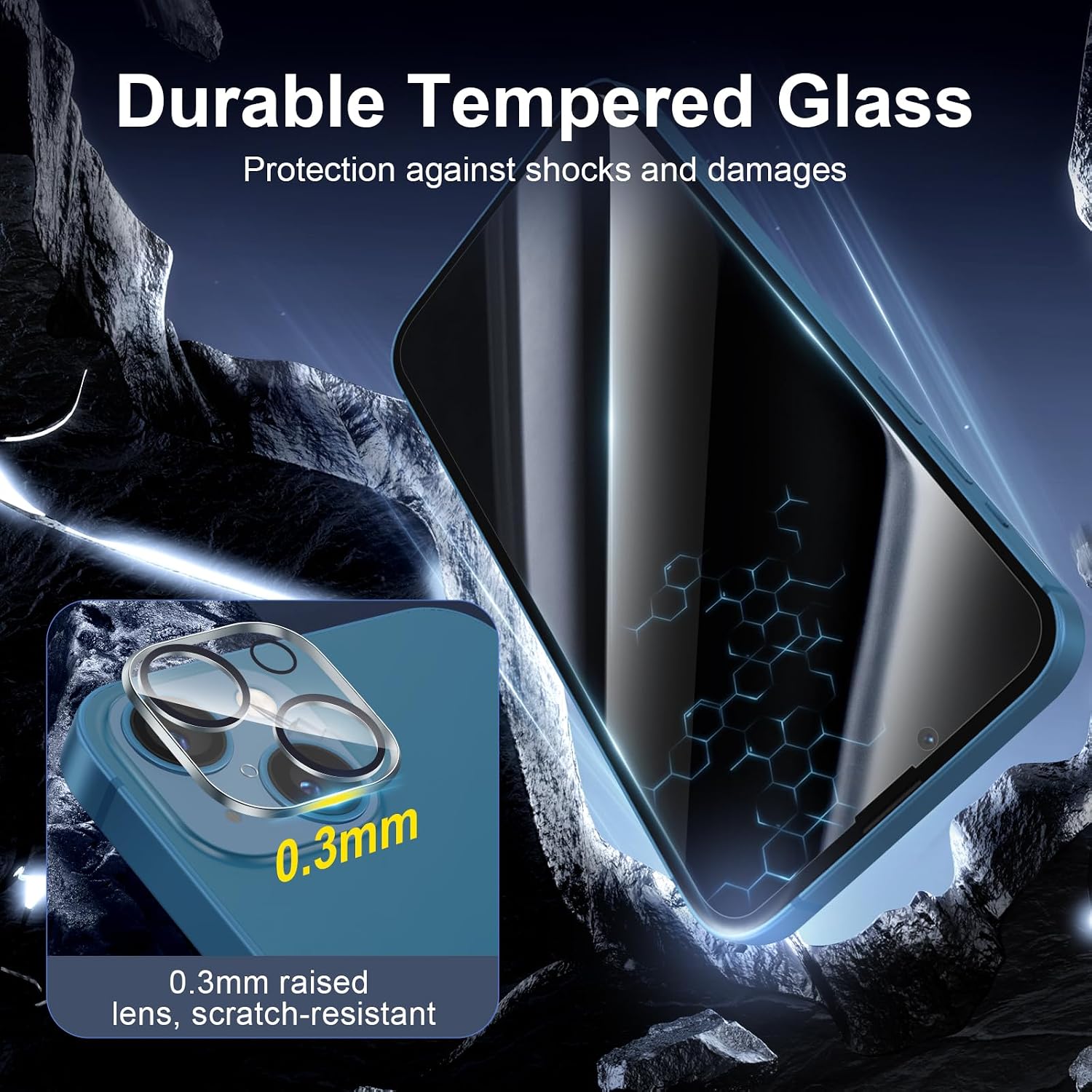 Detalle 2 de NEW’C 3x Privacy Tempered Glass Screen Protector for iPhone 13 (6.1") + 3x Camera Lens Protectors (privacy angle 28°)