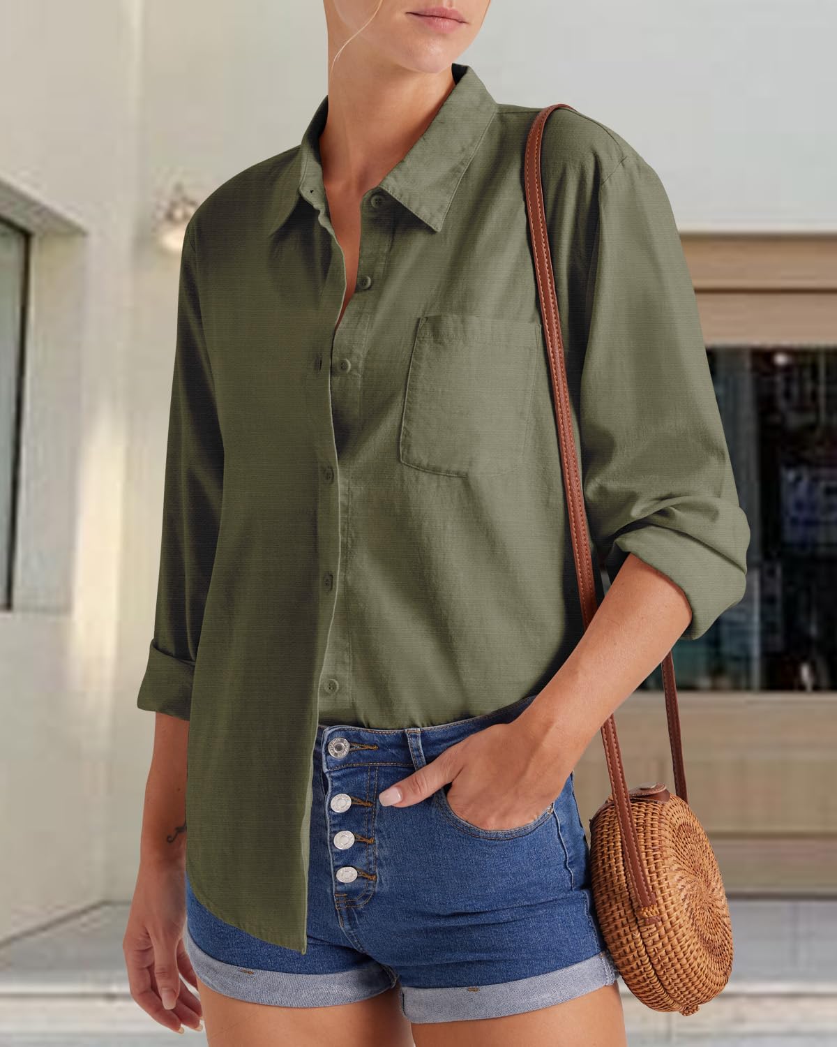 Detalle de Friptspyg Damen Bluse – Langarm, V-Ausschnitt, 100% Baumwolle, locker geschnitten mit Tasche