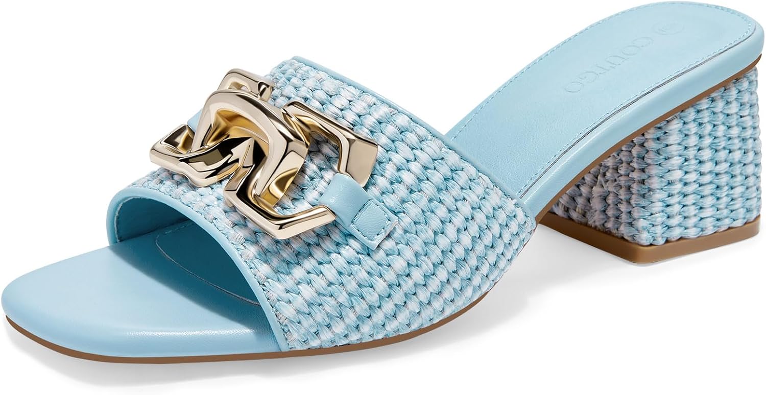 Thumbnail 5 de Coutgo Women’s Raffia Slide Sandals with Square Toe, Metal Chain Detail, and Chunky Block Heel