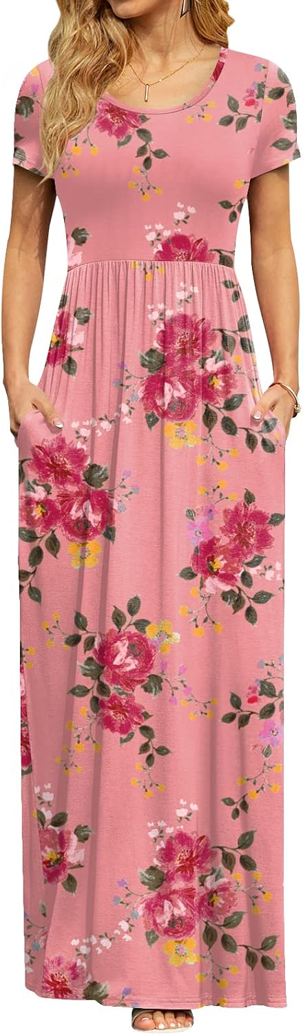 Detalle de DB MOON Women’s 2026 Summer Maxi Dress with Pockets — Empire Waist, Short Sleeves, Casual Long Beach Maxi