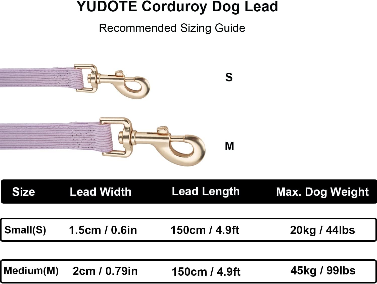Thumbnail 1 de YUDOTE Soft Corduroy Dog Lead (Medium) Lilac – 2x150cm flat lead with rose gold swivel clip