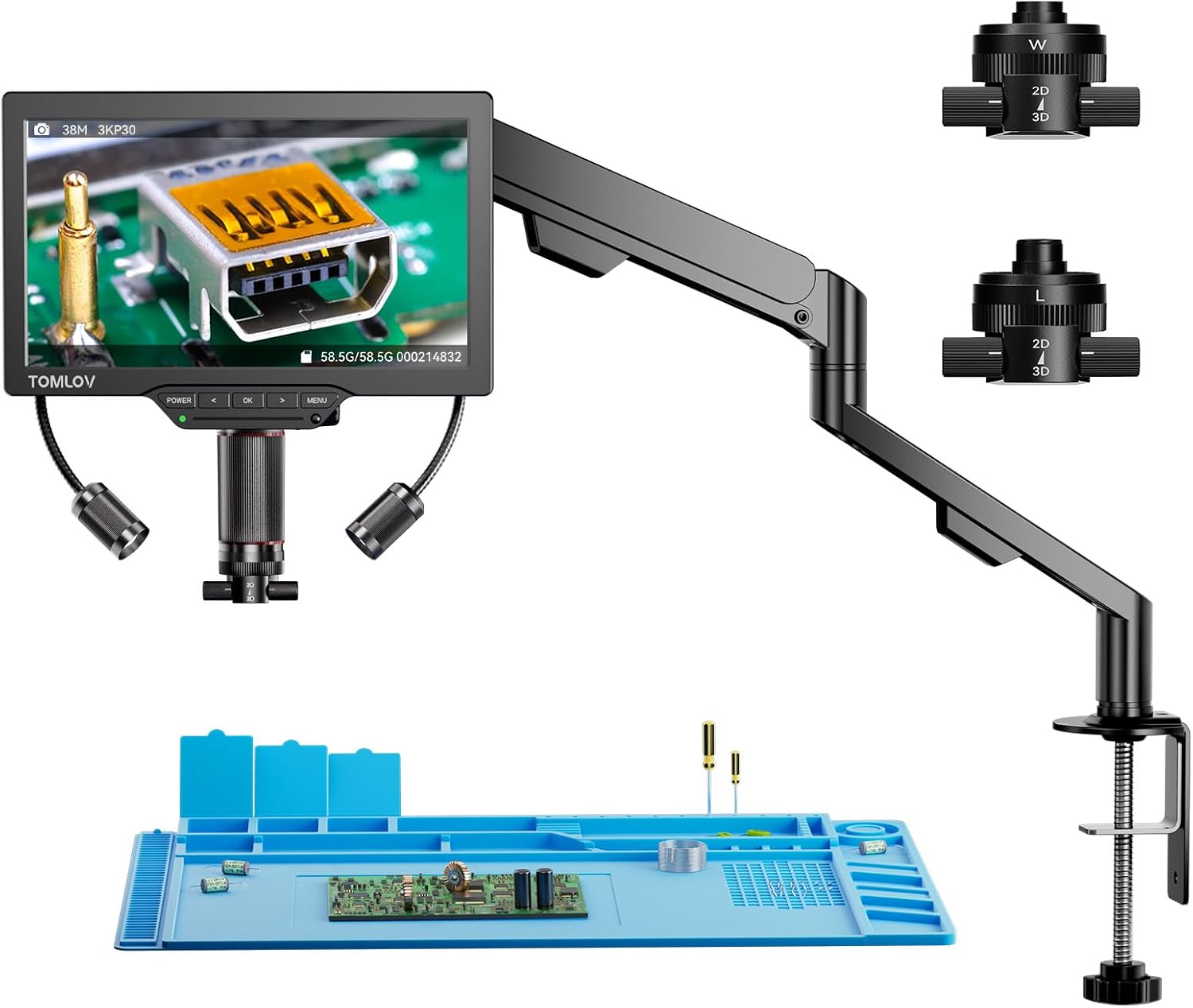 Detalle de TOMLOV TM3K-3D HDMI Digitalmikroskop mit magnetischen Dual-Linsen – 3K Video, 38MP Fotos, 7" IPS Display