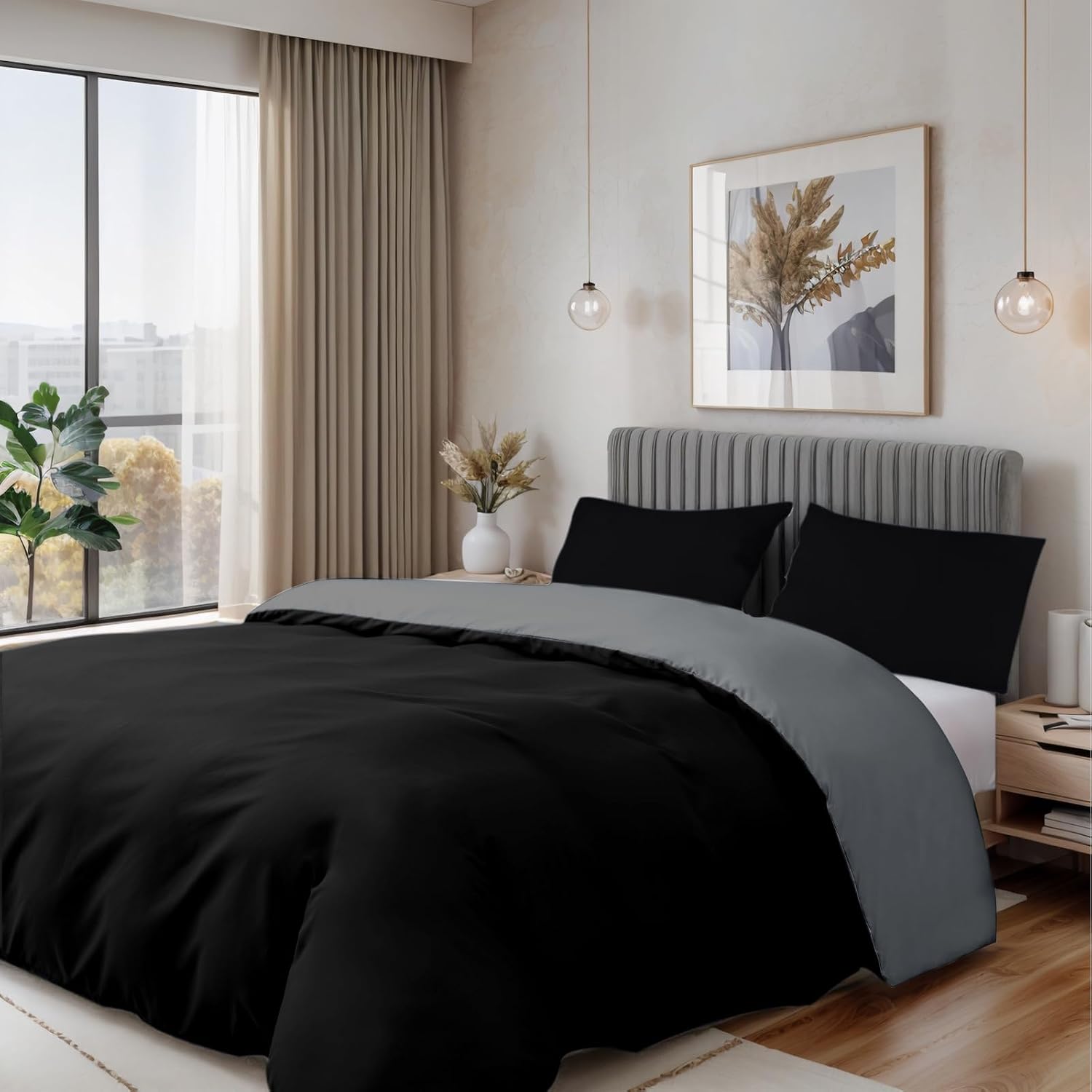Detalle de MIKI WELL King Size Reversible Duvet Cover Set (3 pcs) in Black & Grey with Hidden Zipper + Corner Ties