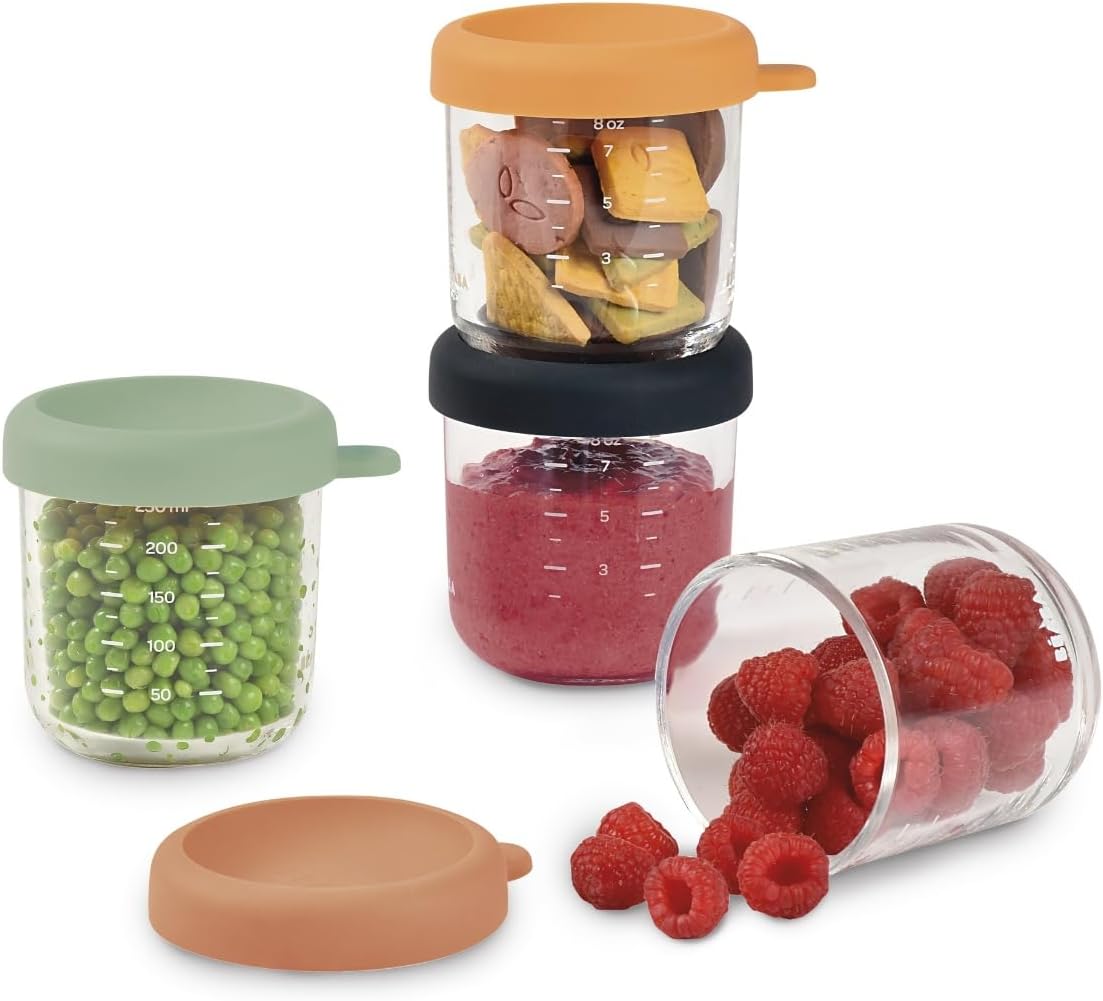 Detalle de BÉABA Set di 4 Contenitori Pappa in Vetro 250 ml Sunrise – pratici, impilabili e sicuri per congelare e riscaldare