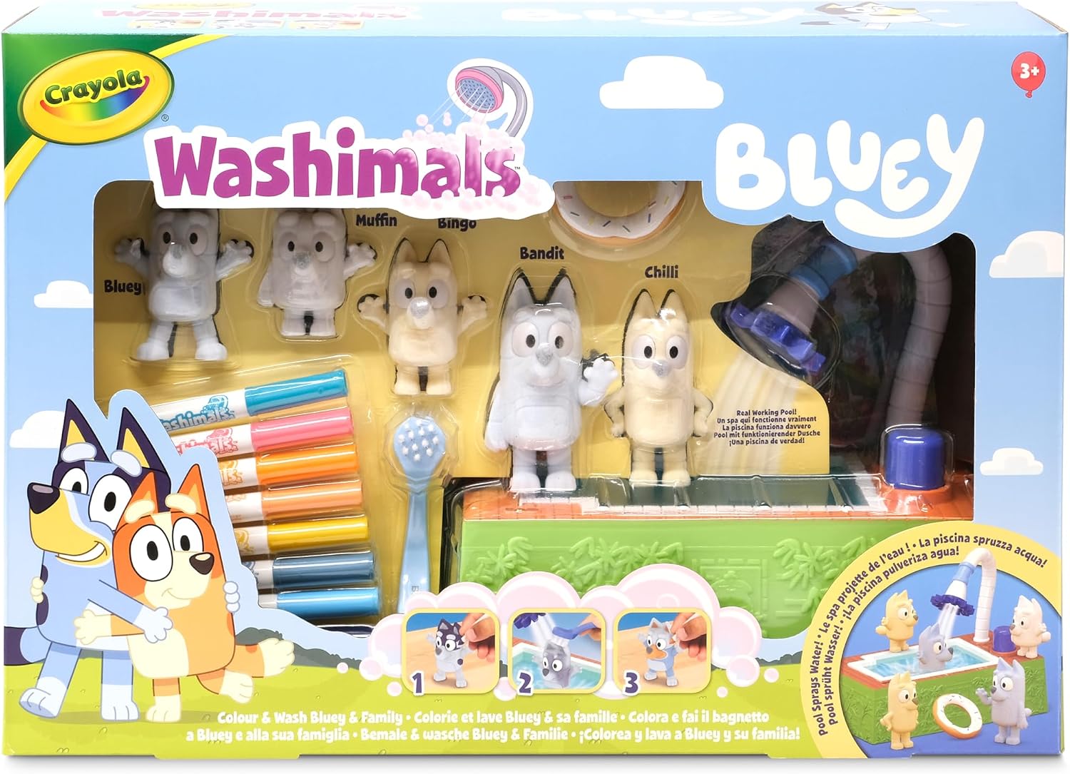Detalle de CRAYOLA Washimals Bluey – Coffret d’activités avec piscine et 5 chiots