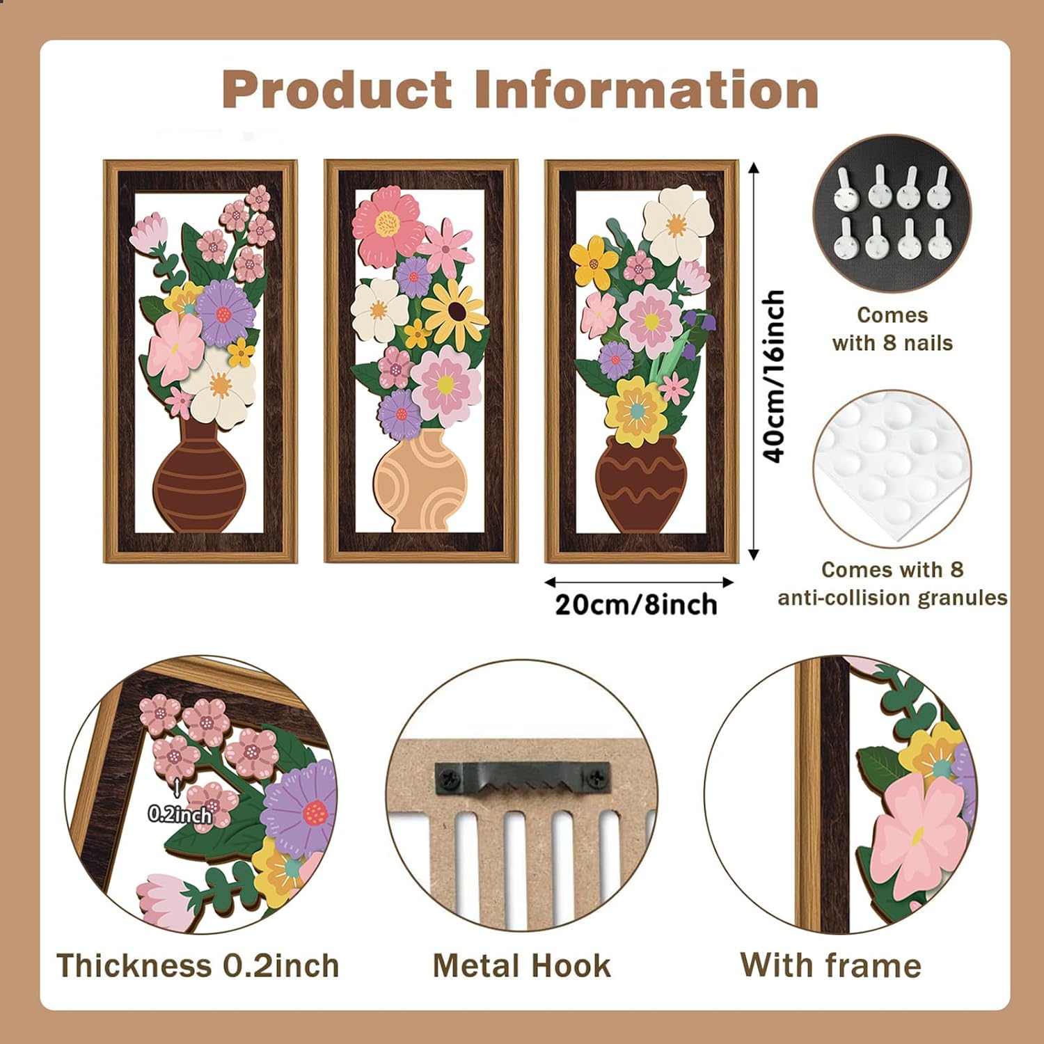 Thumbnail 6 de ANHUIB 3 Pcs Boho Flower Wall Art 20x40cm