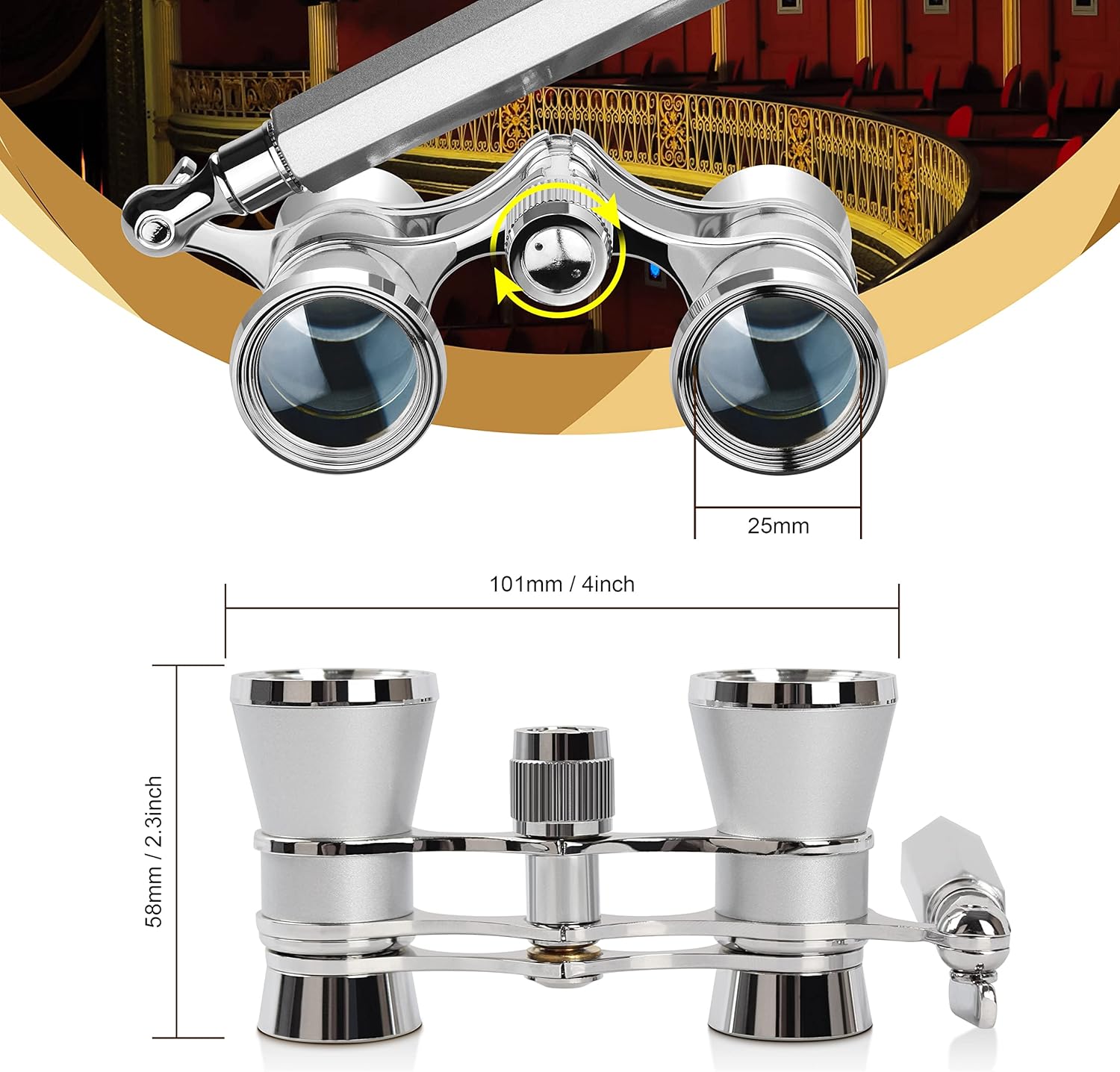 Detalle de AOMEKIE Jumelles de théâtre lorgnette avec poignée 3X (argent) – longues vues en métal pour spectacles, tourisme et concerts