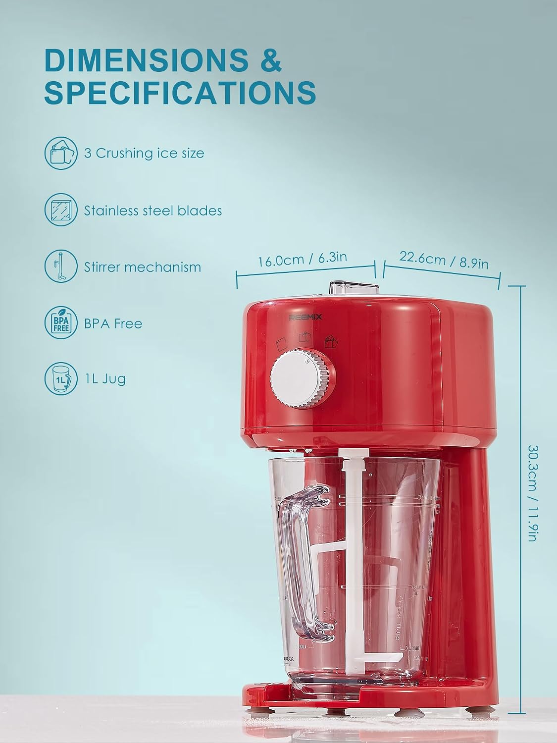 Detalle 2 de Reemix BH9271 Electric Ice Crusher with Removable Jug, 3 Speeds, Red
