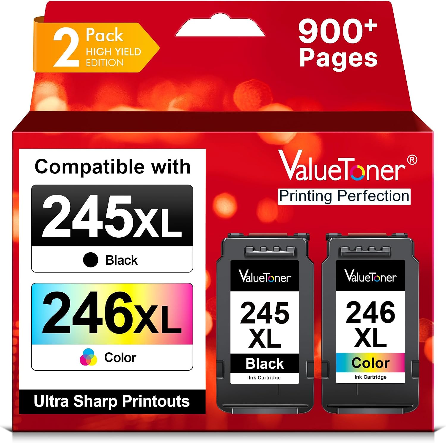 Valuetoner 245XL / 246XL Combo Pack Ink Cartridges (PG-245XL Black, CL-246XL Tri-color) for Canon Pixma