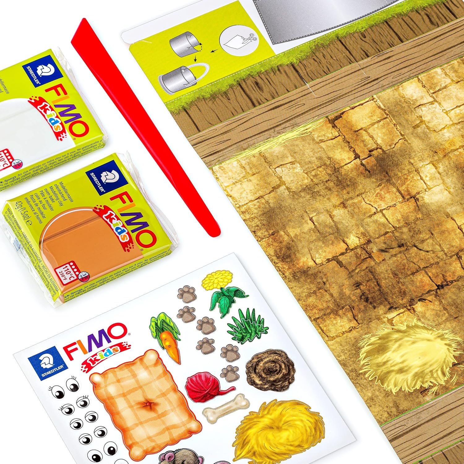 Detalle de STAEDTLER 8034 16 LZ FIMO Kids Form&Play – Jeu de pâte polymère pour enfants (lot de 4 blocs, autocollants, outils, arrière-plan)