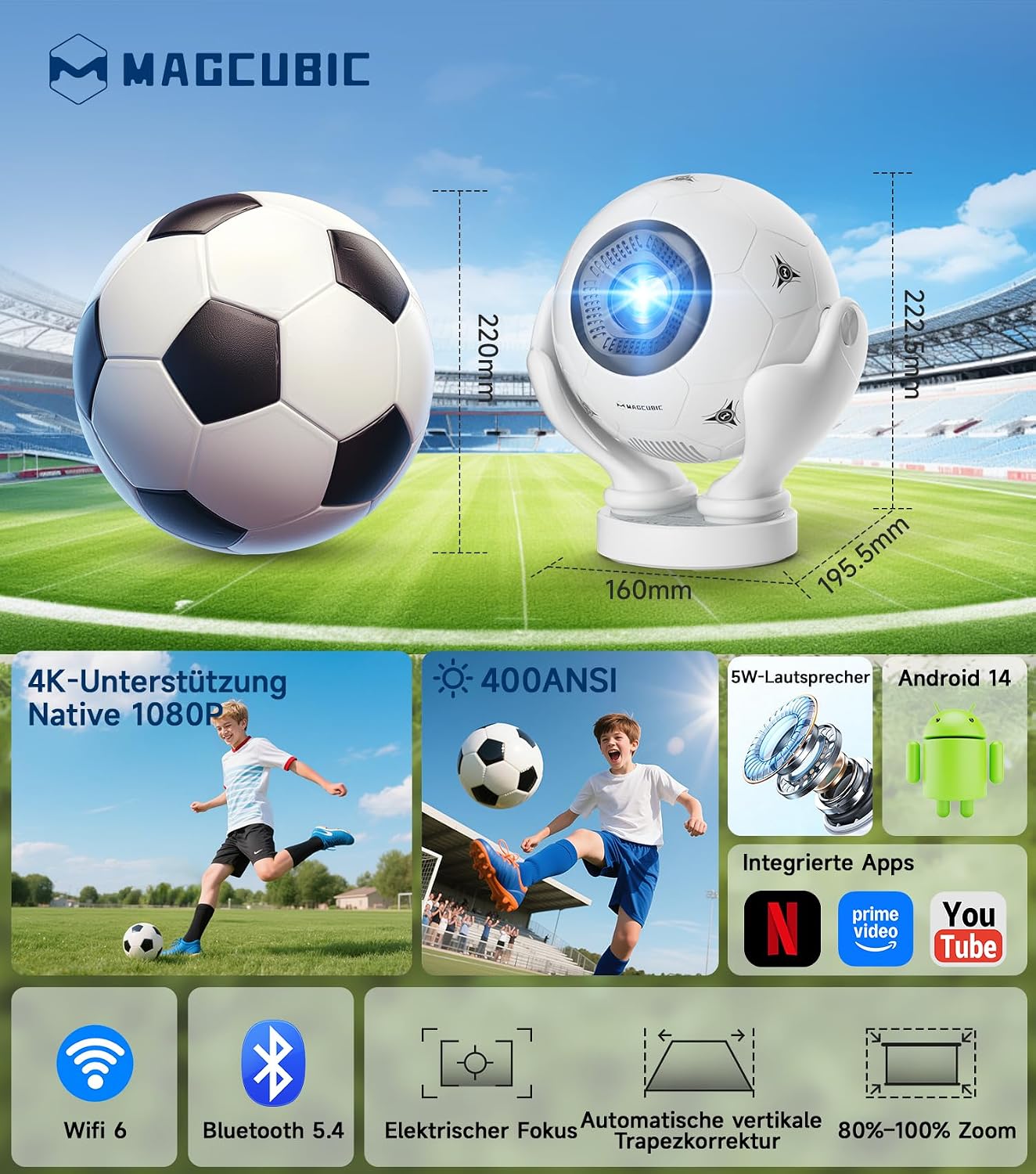 Detalle de Magcubic Mini Beamer 4K – Tragbarer 1080P Full HD Projektor mit Android 14, WiFi 6 und 180° Projektion