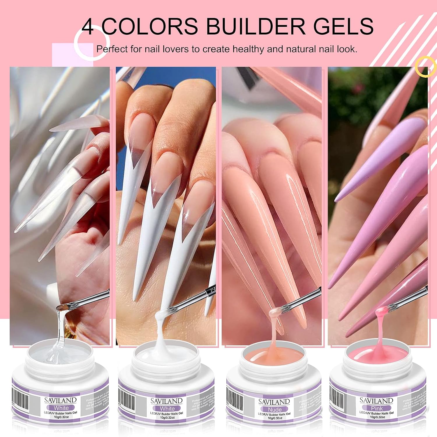 Thumbnail 1 de SAVILAND Kit Gel Ricostruzione Unghie 4 Colori con Base e Top Coat – Rosa Chiaro, Rosa Nudo, Bianco e Trasparente, 100 Pezzi e Strumenti
