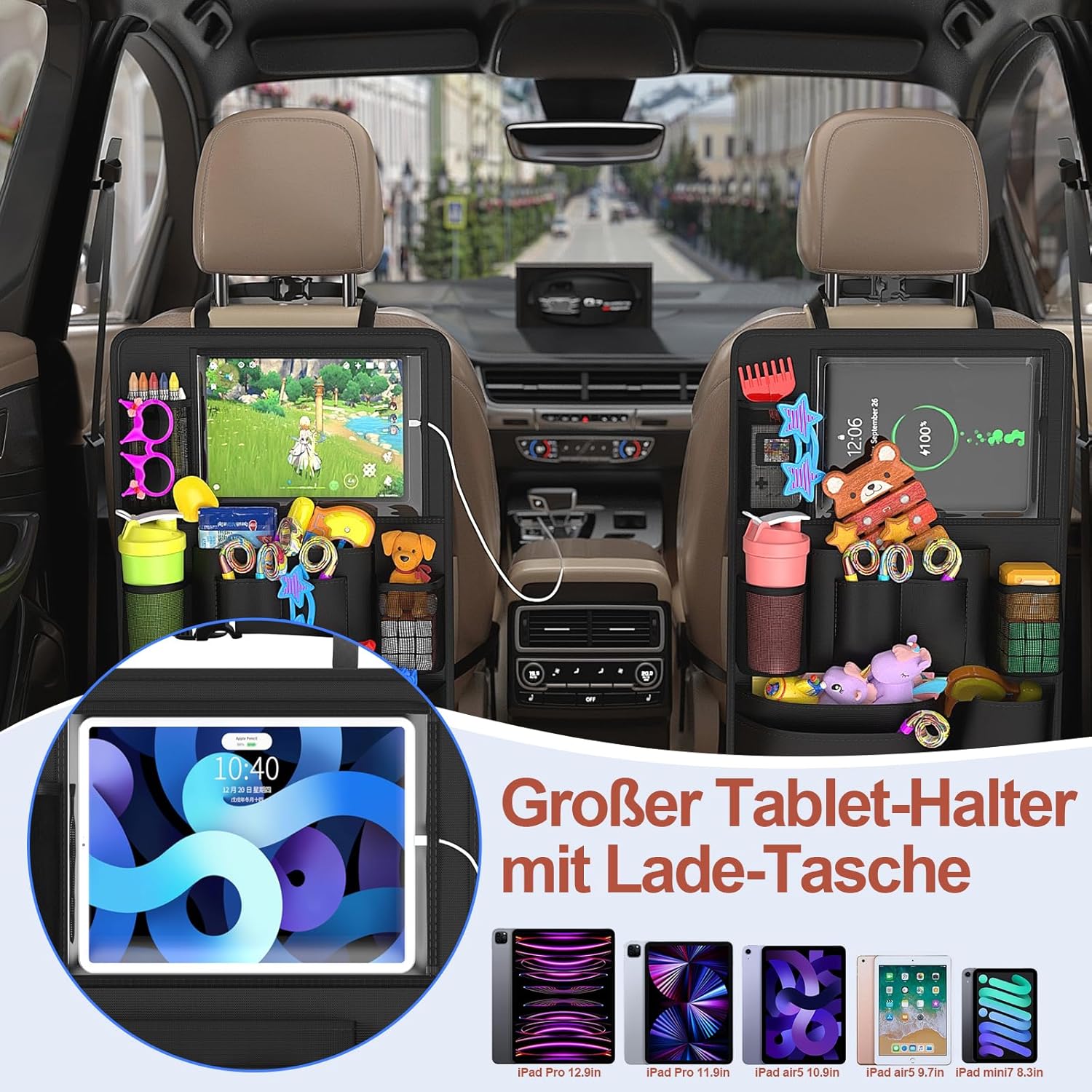 Thumbnail 5 de Oneyus Autositz Organizer für große Rückenlehnenschutz, 600D Oxford wasserdicht – mit 10 Taschen & Tablet-Hülle bis 11 Zoll