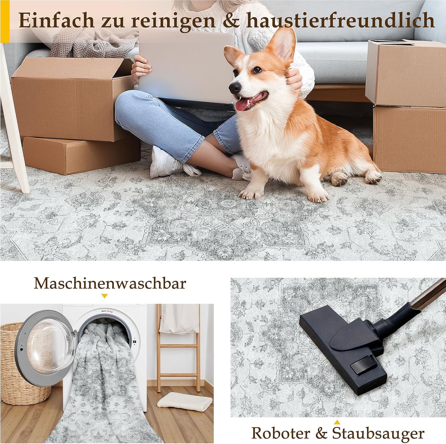 Thumbnail 3 de PureCozy Vintage Graue Fußmatte / Teppich 60x90 cm – waschbarer Kurzflor mit rutschfester TPR-Unterlage
