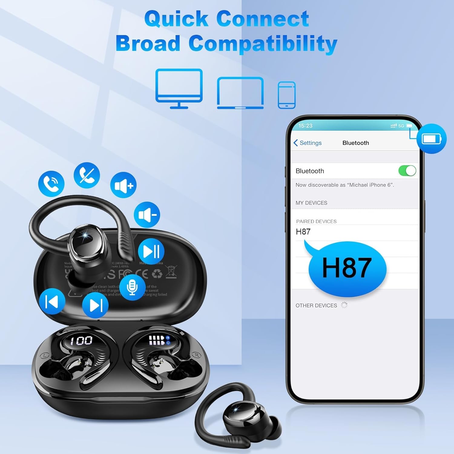 Thumbnail 6 de Hupoaf Cuffie Bluetooth Sport: Auricolari wireless 5.4, IP7, 50 Ore, LED display