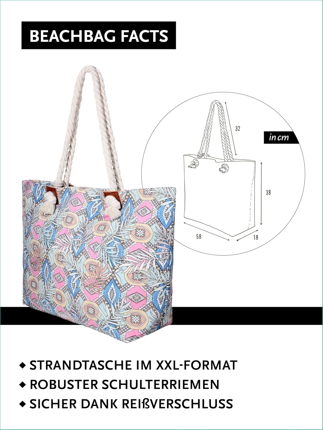 Detalle 2 de DonDon Strandtasche mit Reißverschluss XXL – Große Shopper Tasche für Strand und Alltag