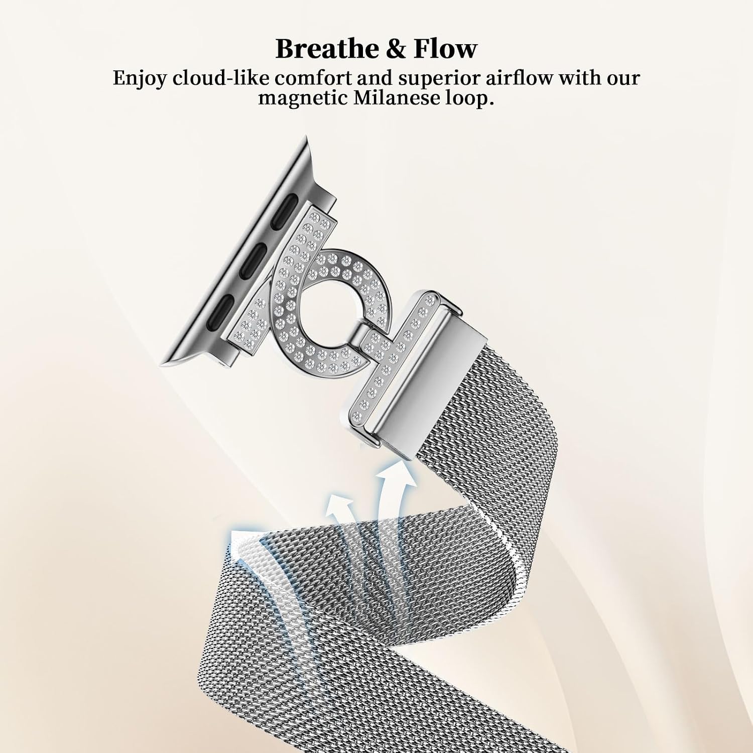 Detalle 2 de wutwuk Rhinestone magnetic mesh Apple Watch strap (38/40/41/42mm) – women’s stainless steel, adjustable lock clasp