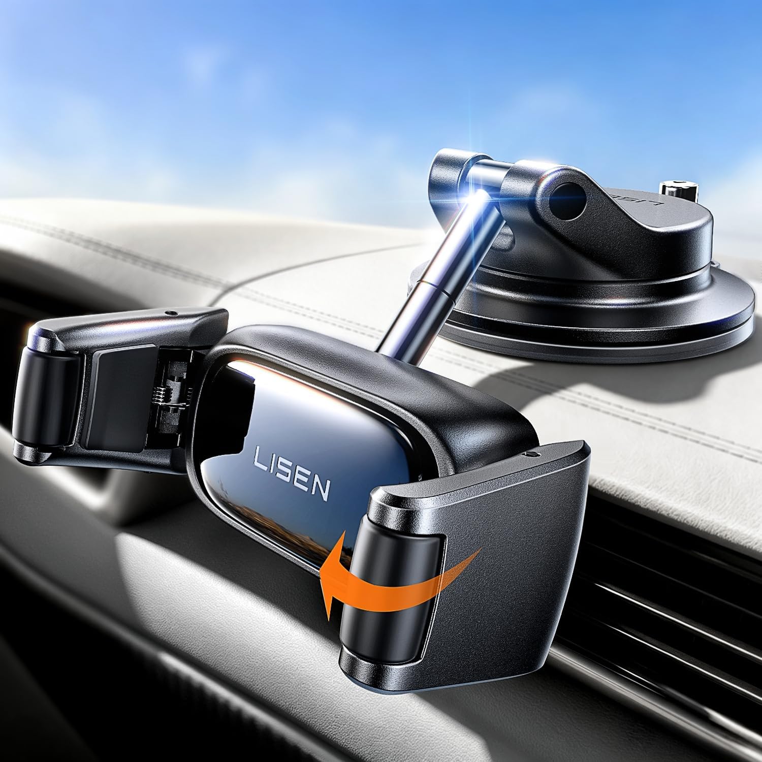 Detalle de LISEN Car Phone Holder 2026 self-adjusting suction mount for dashboard and windscreen