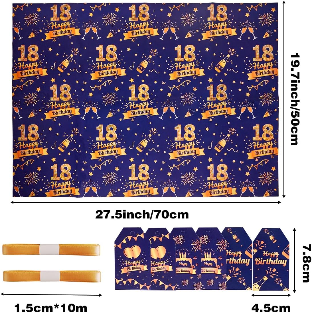 Detalle 2 de 18th Birthday Wrapping Paper Set with Tags, Ribbons and 6 Sheets – Blue & Gold