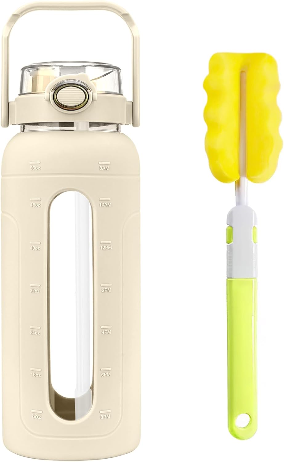 Detalle de Zukro 64 oz Glass Water Bottle with Straw, Time Markers and Beige Sleeve