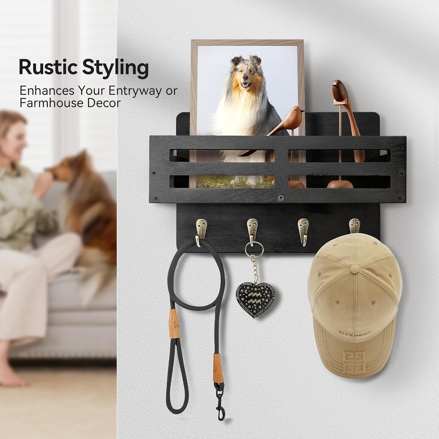 Detalle 1 de KISENG Key Hooks -J Wall-Mounted Key and Mail Organizer, Black Paulownia Wood