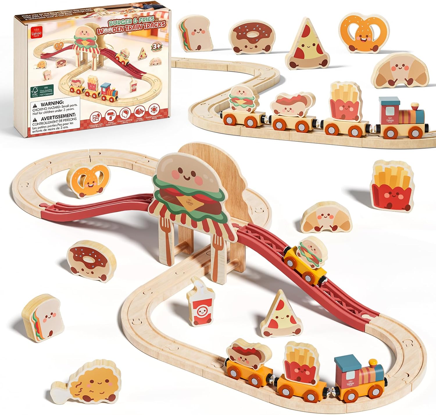 Detalle de Lehoo Castle WTT-007 Wooden Train Set, 36 Pieces, Burger-Themed Play