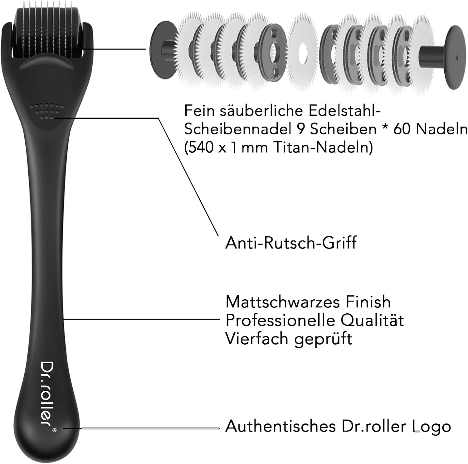 Detalle de Dr.roller Derma Roller 1mm – 540 Titan-Nadeln für Bart, Kopfhaut und Gesicht
