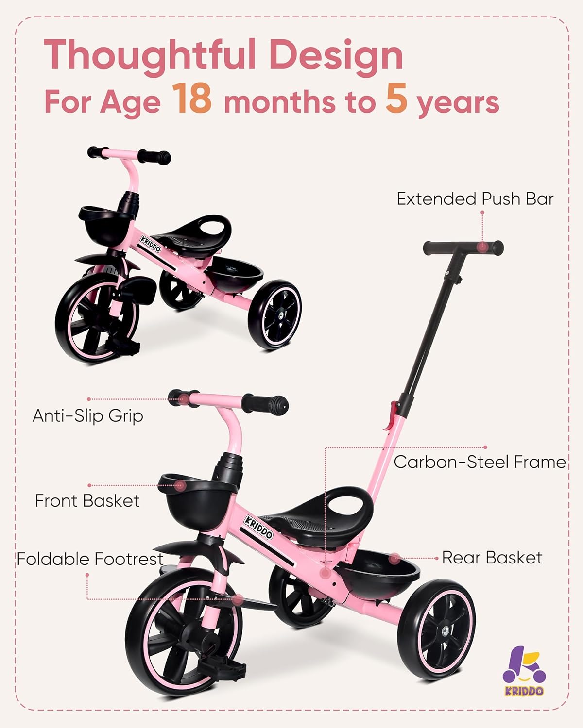 Thumbnail 3 de KRIDDO 2-in-1 Toddler Tricycle 18 Months 🚲