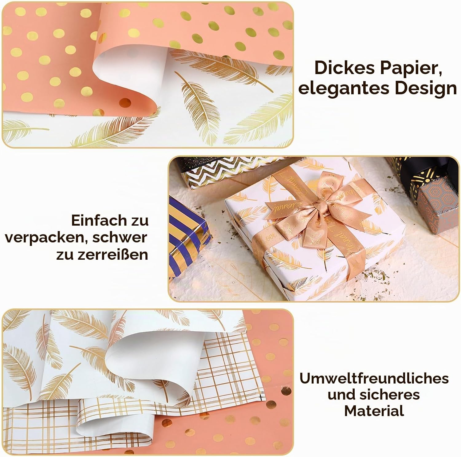 Detalle de KNJOMZIE Geschenkpapier Set 8 Blatt 70x50 cm – Weiß-Goldfolie, hochwertiges Kupferpapier