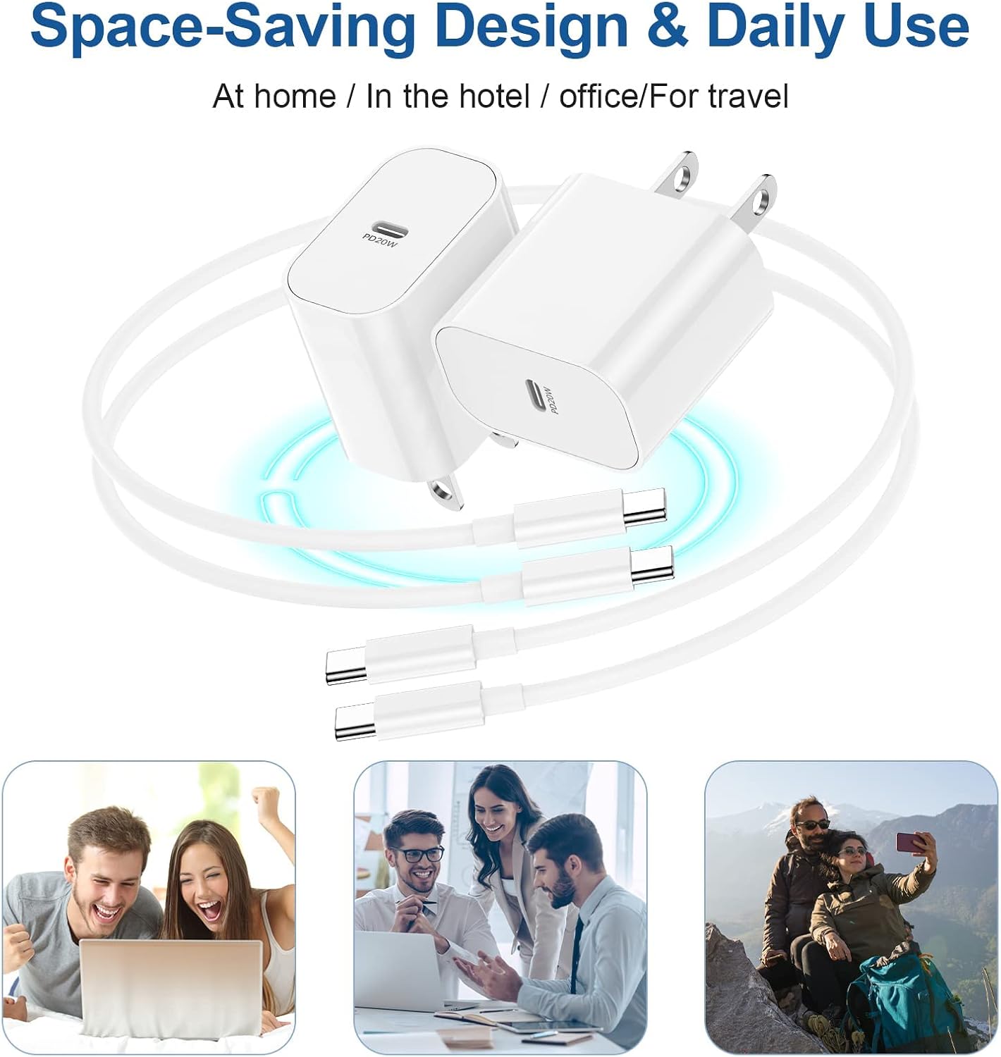 Detalle de 20W USB-C iPhone Charger with 10ft USB-C to USB-C Cable (2-Pack) for iPhone 17/16/15, iPad, and USB-C Devices