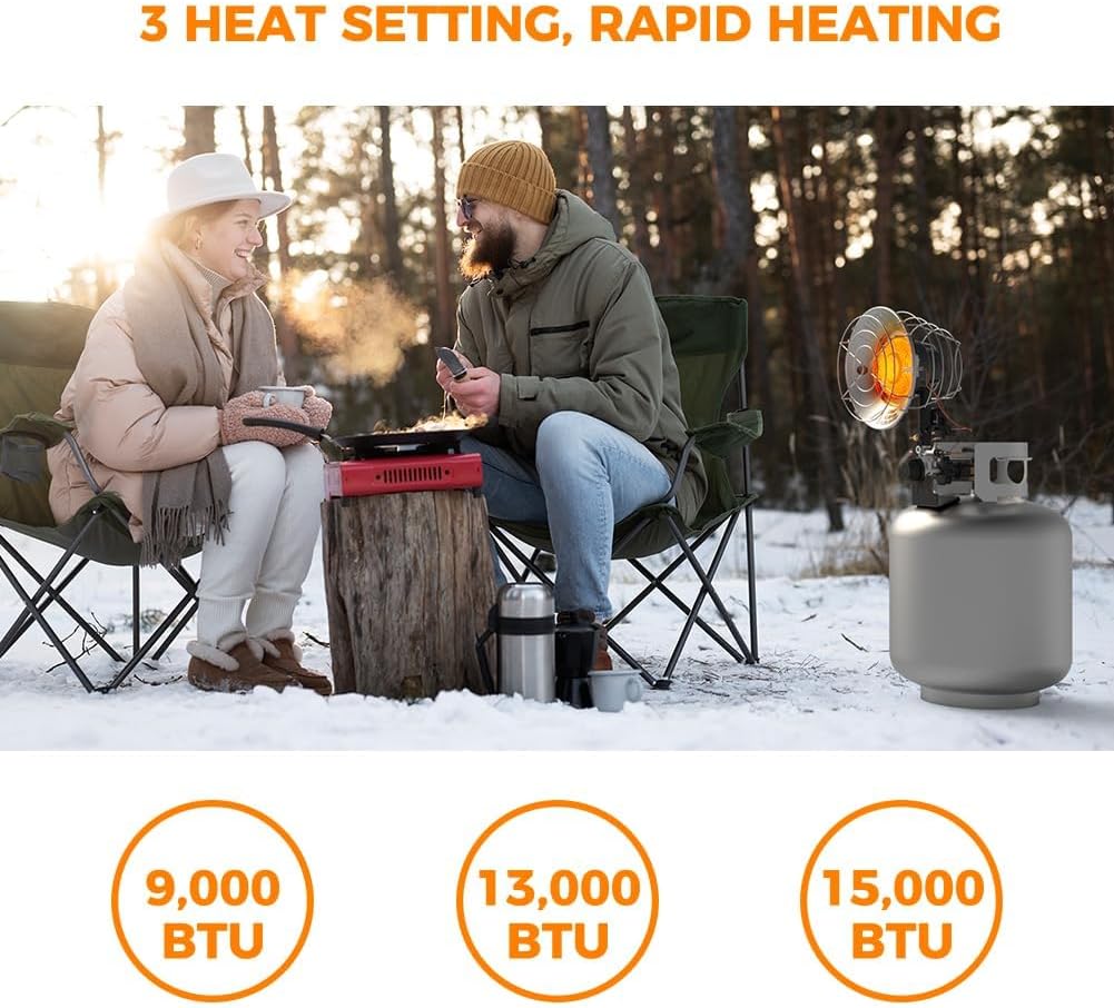 Detalle de CAMPLUX Tank Top Propane Outdoor Heater, 15,000 BTU, 3 Heat Settings