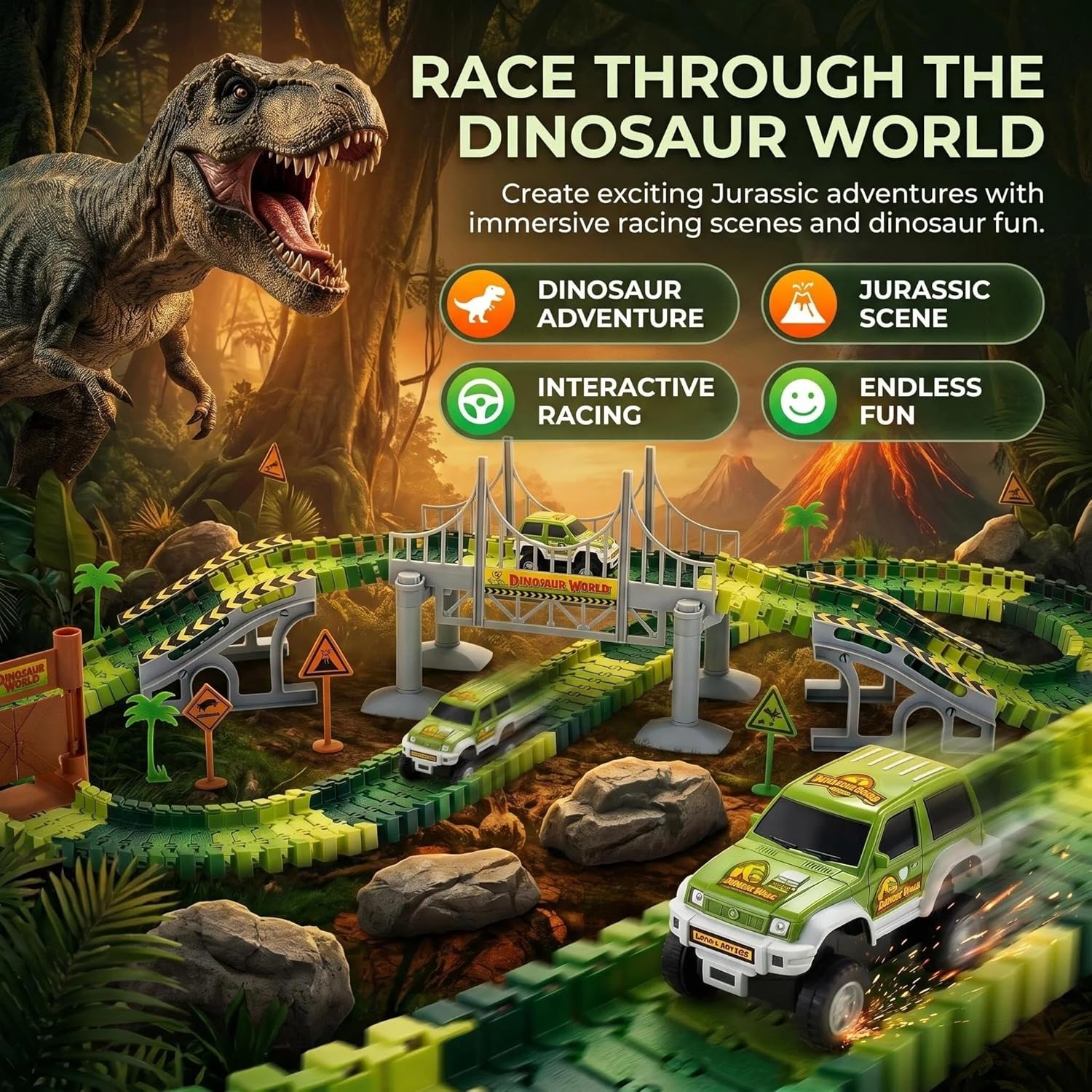 Detalle de Dinosaur Race Track Toys for Boys 3-5: Flexible Bridge Car Track Set with 2 Cars and Dinosaur Figures