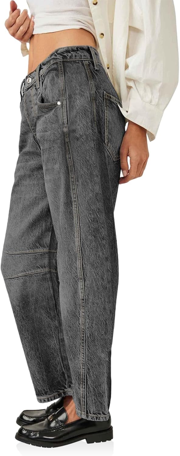 Detalle de PLNOTME Women’s Baggy Boyfriend Jeans (Vintage Wide-Leg, Mid-Rise Ankle) with Pocket Storage