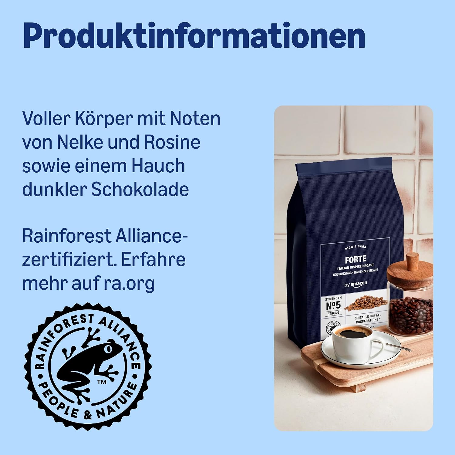 Detalle 2 de by Amazon Forte Coffee Beans Italian Inspired Roast Strength No. 5 – Strong (1 kg) ganze Bohnen