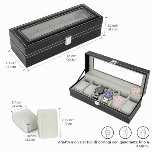 Detalle de OFFCUP Porta Orologi 6 Posti Scatola Portaorologi PU con Coperchio in Vetro