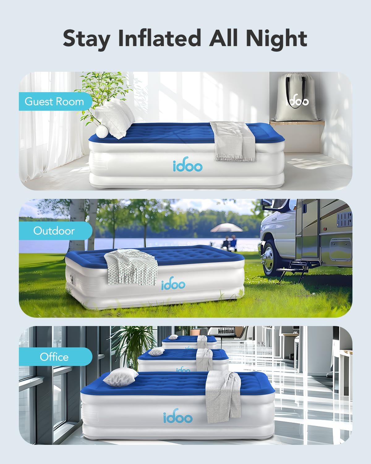 Thumbnail 4 de iDOO Full Air Mattress with Built-In Pump (75×54×16 in) for Guests, Camping, and Home Use
