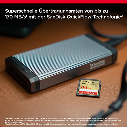 Detalle de SanDisk Extreme SDXC UHS-I 64 GB – Zuverlässige 4K-UHD-Aufnahmen mit 170 MB/s