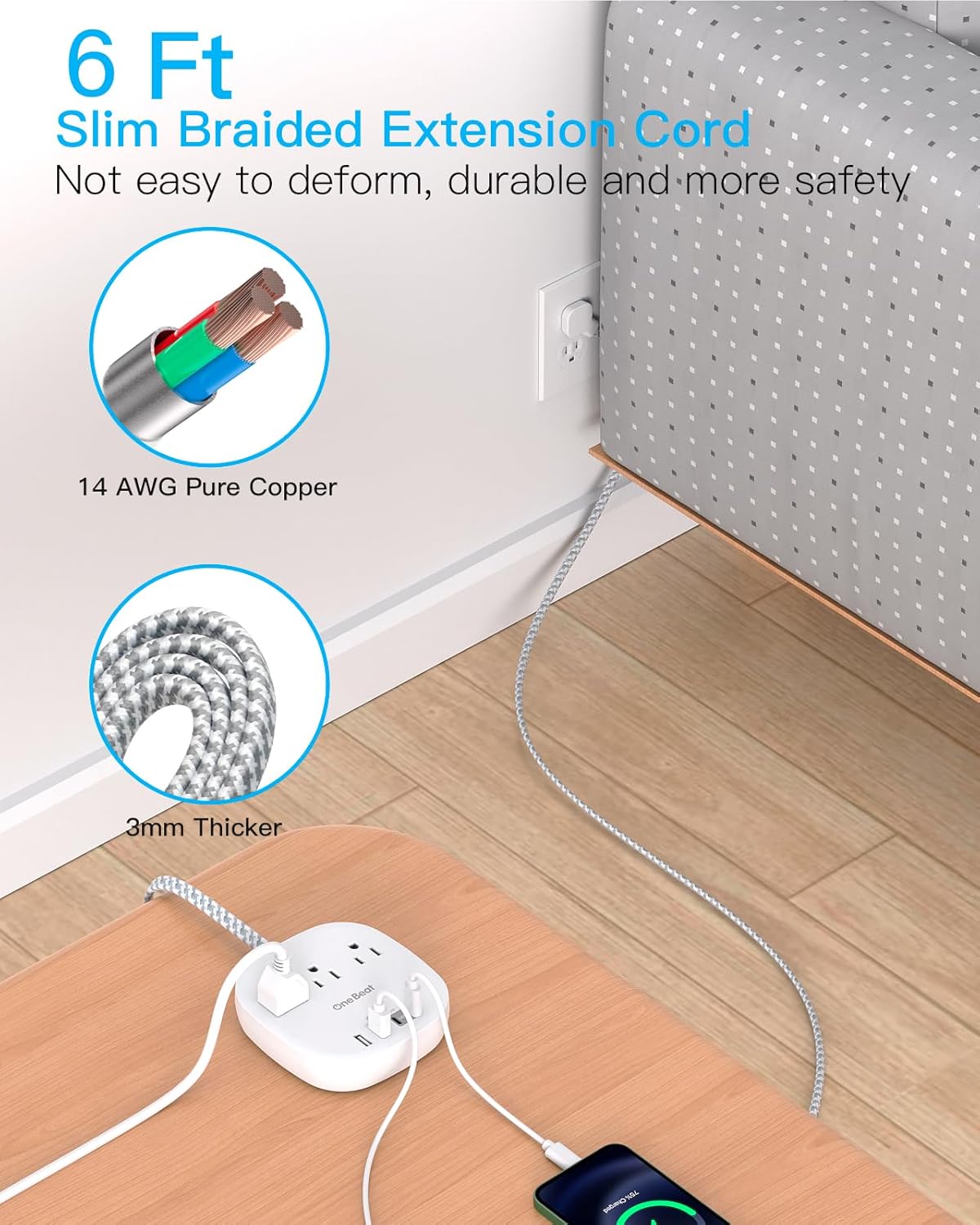 Detalle de One Beat Flat Plug Power Strip (6ft Ultra Flat Extension Cord) with 3 Outlets and 4 USB Ports, Desktop Charging Station