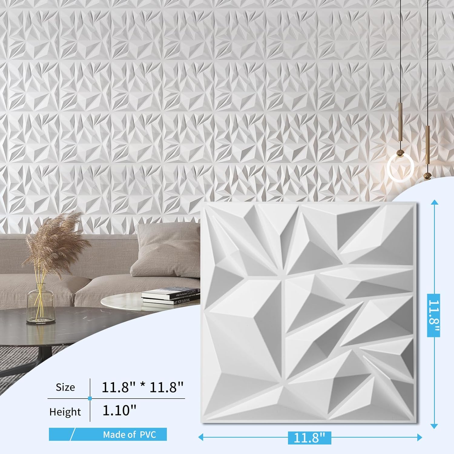 Detalle de Art3d 33 Stück 3D-Wandpaneele – Diamantstruktur, 30,5 x 30,5 cm, Weiß