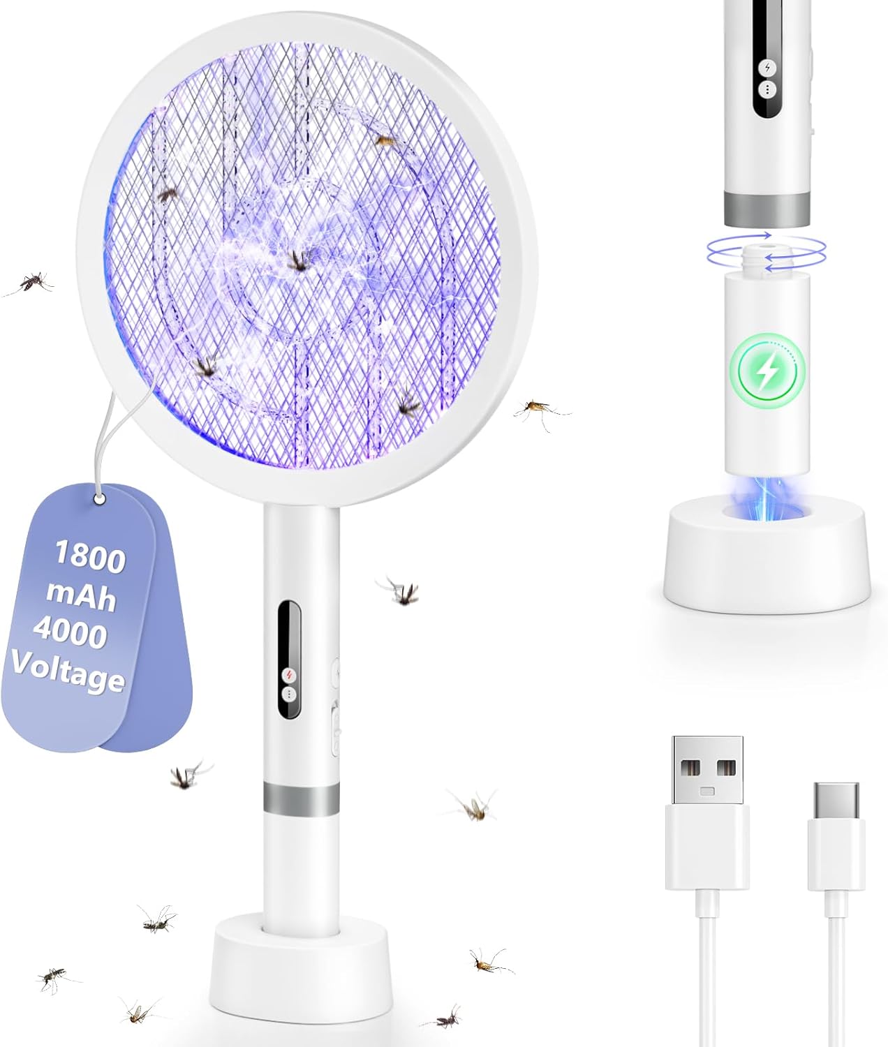 BKXCHA 2 en 1 Raquette Électrique Insectes, 4000V – Moustique, 1800mAh, USB Rechargeable, 3 couches de protection