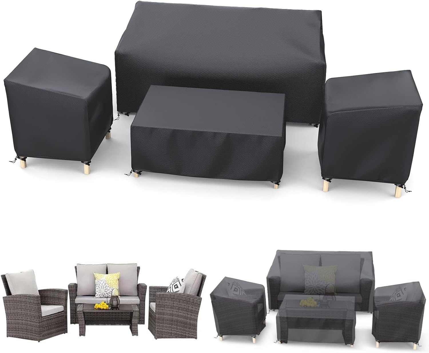 Detalle de STARTWO Black-X-Large 4-Piece Patio Furniture Cover Set, Waterproof Oxford