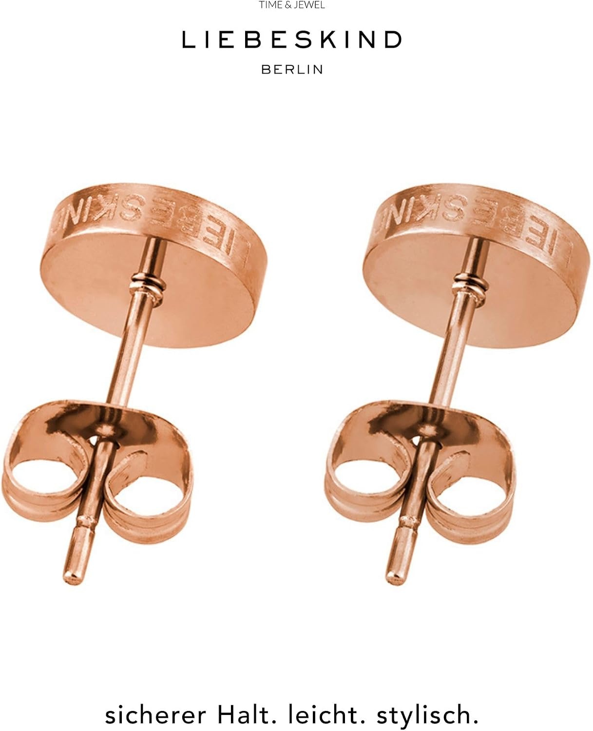 Detalle de LIEBESKIND BERLIN Damen Ohrstecker Basic – Edelstahl rosévergoldet, 7 mm, mattierte & polierte Oberflächen