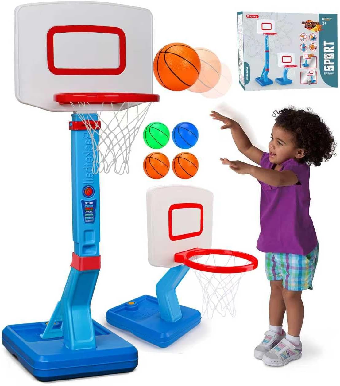 Detalle de Basketball Hoop and Stand for Kids: Adjustable Height 2'3"–4'7" with Balls