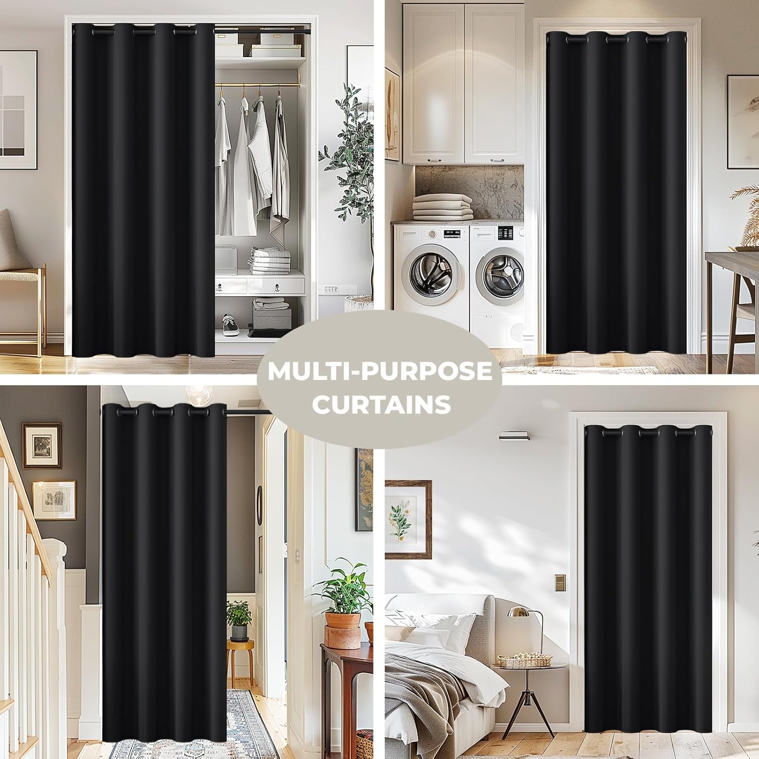 Thumbnail 2 de JCyh blickdichter Türvorhang mit Teleskopstange – Montage ohne Bohren, 1 Stück schwarz (H195 x B132 cm)