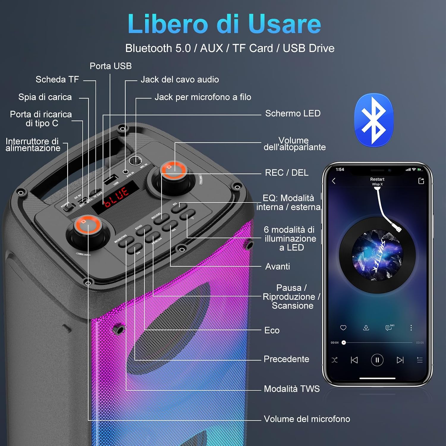 Detalle de TAMPROAD Q55: 80W Bluetooth Karaoke Speaker with 2 Wireless Mics, TWS, LED Lights and Subwoofer