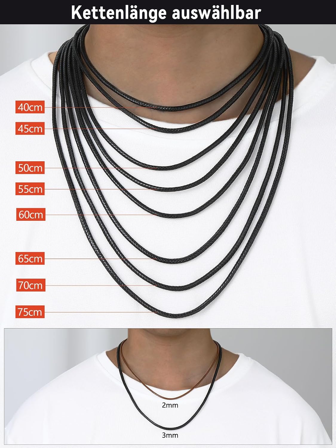 Detalle 2 de FaithHeart Lederkette für Herren & Damen – Lederband mit Verschluss, 1,5/2/3 mm, ohne Anhänger (schwarz), 40–75 cm