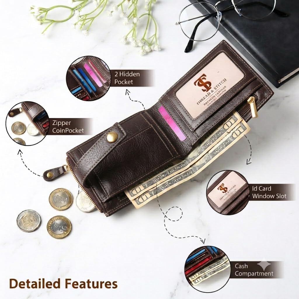 Detalle 2 de Thread & Stitch Genuine Leather Wallet for Men – Bifold, RFID Blocking, 10 Card Slots