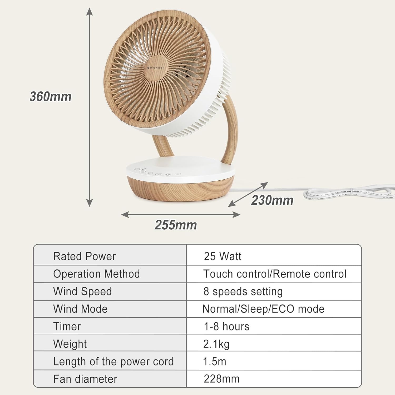 Thumbnail 6 de MYCARBON leise Ventilator 20 dB – 1850 m³/h, 8 Stufen, 3D Luftumwälzer, Timer 8h, Fernbedienung